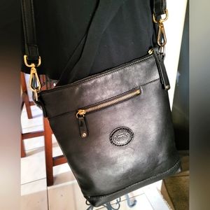 Genuine ROOTS leather black crossbody bag with brass/ metal embellishments